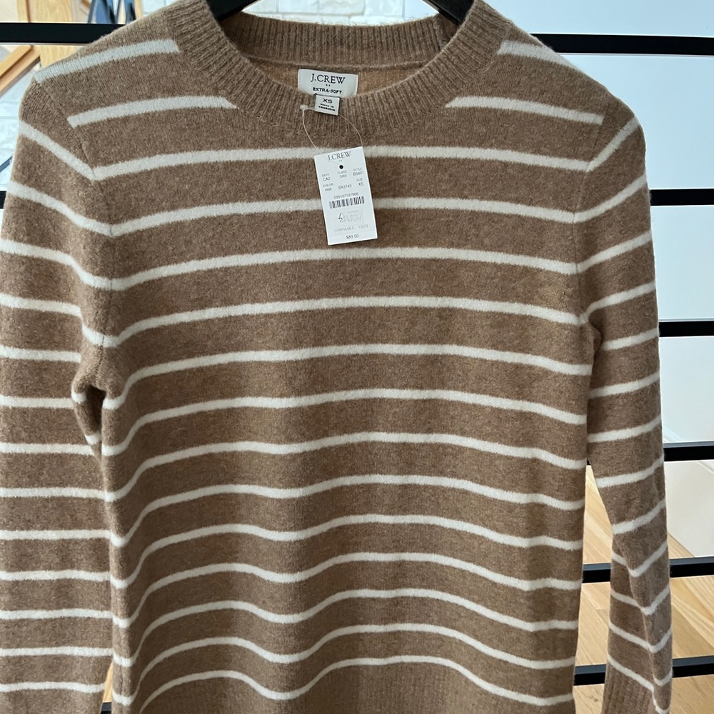 NWT J. Crew Women's Tan and White Striped Crewneck Sweater, XS